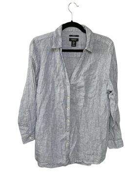 Jones New York Lightweight Blue-White Striped Linen Button-Up Blouse M